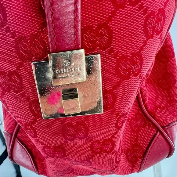 GUCCI GG Canvas Boston Bag, Red Jacquard Fabric, Red Leather Trim, Authentic